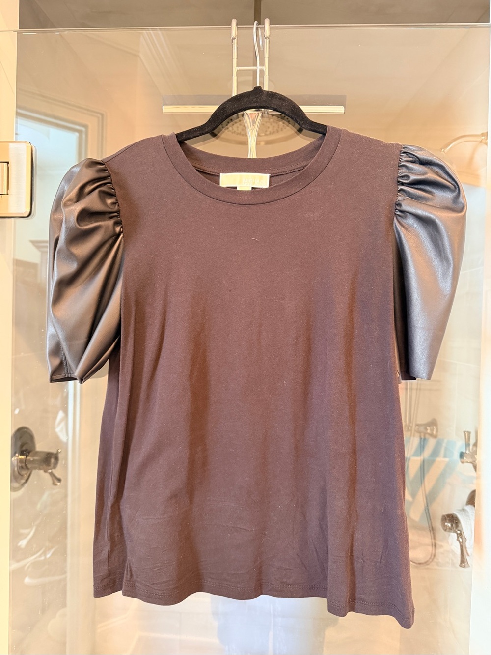 Michael Kors Black Puff-Sleeve Tee with Faux-Leather Sleeves